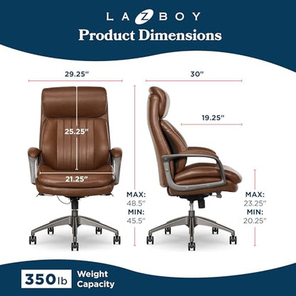 La-Z-Boy High-Back Ergonomic Office Chair, AIR Lumbar Support Leather Chair | Nova, 350lb Capacity Executive Task Chair, Padded Headrest & Arm, Layered Foam Seat Cushion, Swivel, Back Pain Relief, Cognac - color: Cognac