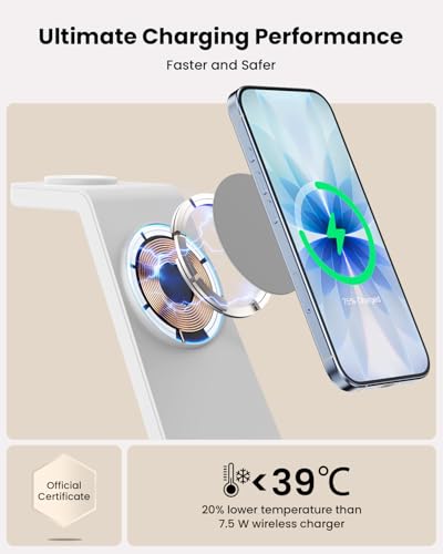 Magsafe Wireless Charging Station for iPhone: Certified 15W Fast Charging Station, 3 in 1 Magnetic Charger Stand for iPhone 17/16/15/14/13/12 Series, Apple Watch, AirPods 4/3/Pro - color: pearl white