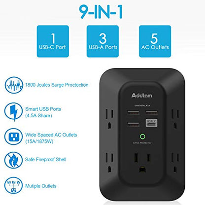 Addtam Surge Protector, Outlet Extender with 5 AC and 4 USB Ports, Black | Multi Plug Wall Outlet, Electric Outlet Splitter, 3-Sided 1800J Power Strip for Home Office Dorm, Easy to Install, Save Space - style: 1C3A No PD