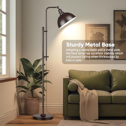 PARTPHONER Industrial Floor Lamp Adjustable, Rustic Farmhouse Reading Lamp in Aged Brown Finish Modern Standing Lamp with Remote Control Metal Shade for Living Room Bedroom Study Room Office Hotel - color: Brown