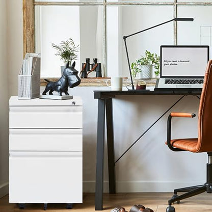 3 Drawer Mobile Locking File Cabinet,Anti-tilt Design Metal Vertical Filing Cabinet,Rolling Desk Filing Cabinet fits Letter/Legal Size for Home Office (White) - color: White, style: 3A