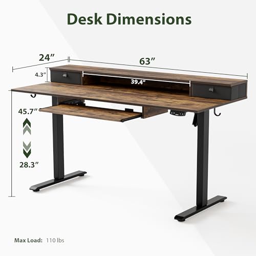 Agilestic 63 Inch Standing Desk with Drawers & Keyboard Tray, Rustic Brown - color: Rustic Brown, size: 63 x 24 Inches with 2 drawers and keyboard tray