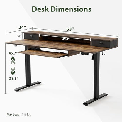 Agilestic 63 Inch Standing Desk with Drawers & Keyboard Tray, Rustic Brown - color: Rustic Brown, size: 63 x 24 Inches with 2 drawers and keyboard tray