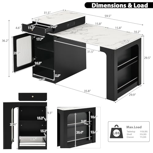 59.5 Inch Kitchen Island with Extendable Dining Table, Black | Black finish, MDF and particle board, kitchen or dining room, extendable table, 2 drawers, glass door, outlet, 59.5 in L - color: Black + Faux Marble Table + Particle Board+mdf