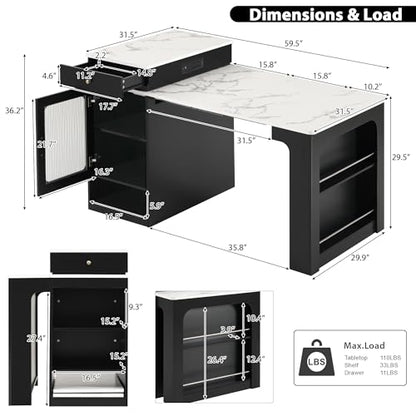 59.5 Inch Kitchen Island with Extendable Dining Table, Black | Black finish, MDF and particle board, kitchen or dining room, extendable table, 2 drawers, glass door, outlet, 59.5 in L - color: Black + Faux Marble Table + Particle Board+mdf