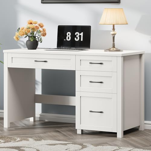 Farmhouse 47" Computer Desk, Executive Desk with File Drawer, Cream White. - color: Cream White