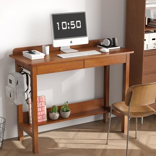 Solid Wood Desk with Drawers, 39 x 16 Inch Narrow Desk with 2 Drawers, Bookshelf & 2 Hooks, Writing & Computer Desk for Small Spaces, Mid Century Modern Desk - Walnut - color: Walnut, size: 39.4 in W x 15.7 in D