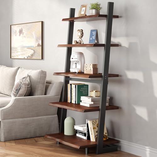 IBF 5-Tier Solid Wood Ladder Bookshelf with Natural Live Edge | Rustic Walnut Storage & Display Leaning Bookcase, Modern Space-Saving Shelf for Living Room, Bedroom, Home Office - size: 5 Tier
