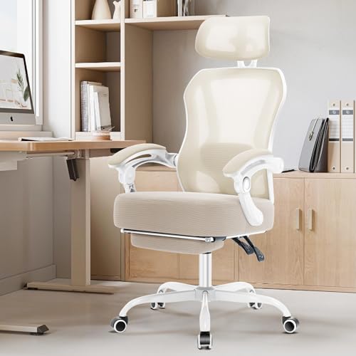 Ergonomic Office Chair with Footrest,Ultra Thick Desk Chair,Cream - color: Cream