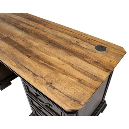 Pemberly Row Executive Desk, 60”W x 28”D x 30”H, Solid Wood Plank Top, Brown Finish, Double Pedestal Design, Dropfront Keyboard Drawer, Locking File Drawers, Antique Bronze Hardware, Home Office Desk