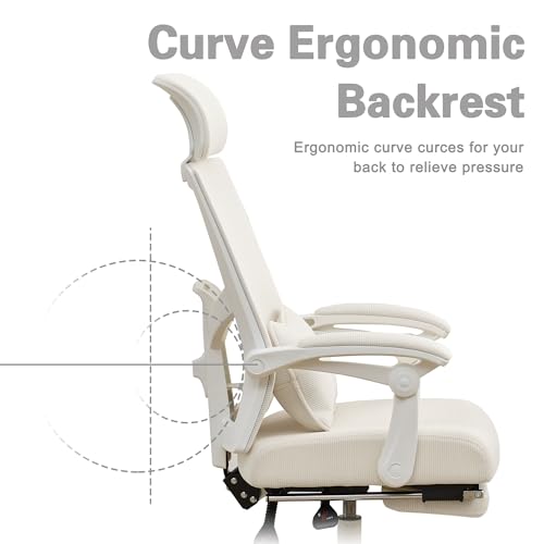 Qulomvs Ergonomic Office Chair with Footrest Home Office Desk Chair with Headrest and Backrest Adjustable Mesh Computer Desk Chair with Wheels 360 Swivel Task Chair - color: Cream White(upgrade Comfort With Pillow)