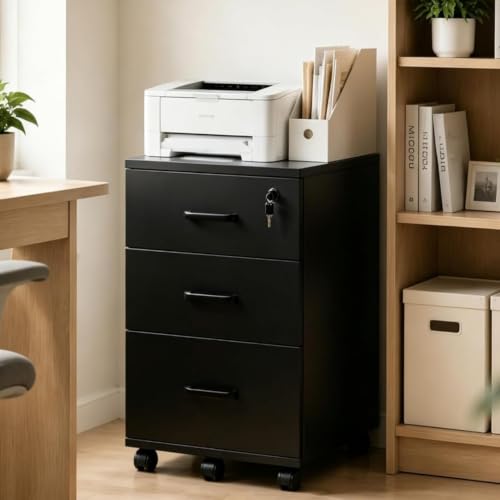 Lockable 3-Drawer Mobile Filing Cabinet with Wheels, Heavy-Duty Vertical Under Desk Storage & Printer Stand, Compatible with A4, Letter, Legal Size Hanging Files Home Office Use (Black) - color: Black