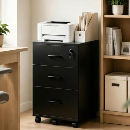 Lockable 3-Drawer Mobile Filing Cabinet with Wheels, Heavy-Duty Vertical Under Desk Storage & Printer Stand, Compatible with A4, Letter, Legal Size Hanging Files Home Office Use (Black) - color: Black