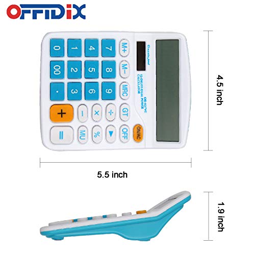 OFFIDIX Office Desktop Calculator, Solar and Battery Dual Power Electronic Calculator Portable 12 Digit Large LCD Display Calculator, Blue - color: A-Transparent