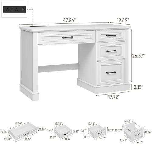 Vabches Farmhouse 47" Executive Desk with Charging Station, Cream White | Computer Desk with Drawers, Workstation Computer Desk with File Drawer for Home Office,Study. - color: Cream White