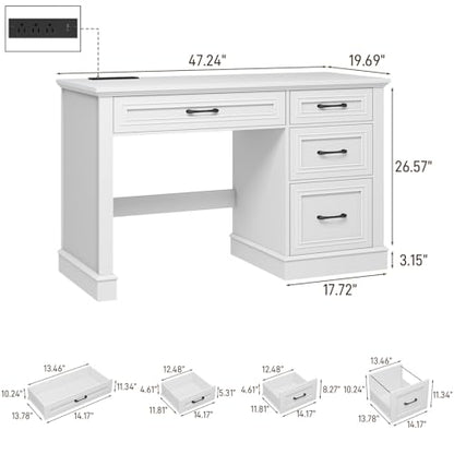 Vabches Farmhouse 47" Executive Desk with Charging Station, Cream White | Computer Desk with Drawers, Workstation Computer Desk with File Drawer for Home Office,Study. - color: Cream White