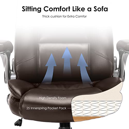 MALOL Leather Executive Office Chair - High Back Home Computer Desk Chair with Padded Flip-up Arms, Adjustable Tilt Lock, Swivel Rolling Ergonomic Chair for Adult Working Study, Brown - color: Brown