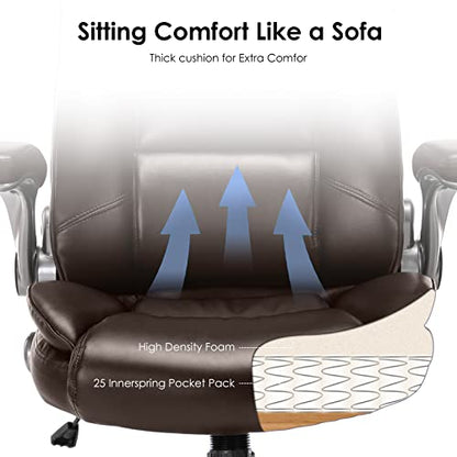 MALOL Leather Executive Office Chair - High Back Home Computer Desk Chair with Padded Flip-up Arms, Adjustable Tilt Lock, Swivel Rolling Ergonomic Chair for Adult Working Study, Brown - color: Brown
