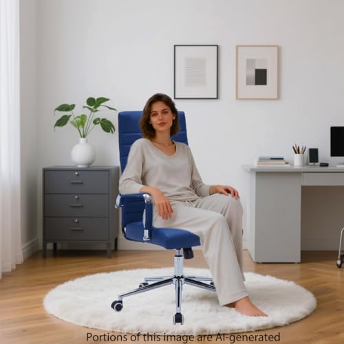 Navy Blue Leather Ribbed Office High-Back Desk Conference Chair with Wheels | Ergonomic High-Back Executive Chairs with Wheels Adjustable Swivel Computer Task Desk Chair with Arms and Thick Padded Seat - color: Blue, size: High Back