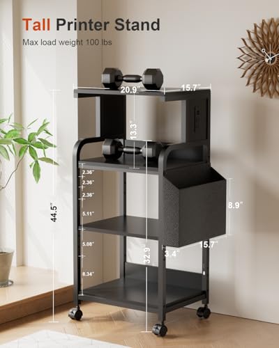 4-Tier Tall Printer Stand with Storage Adjustable Shelf and Bag - color: Black, size: 20.9''x15.7''