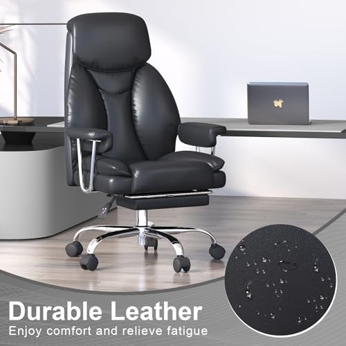 Big and Tall Office Chair, Executive Home Office Desk Chair, Comfy Leather High-Back Reclining Computer Chair with Retractable Footrest and Padded Arms, 360°Swivel Rolling Wheels, Wide Seat, Black - color: Black