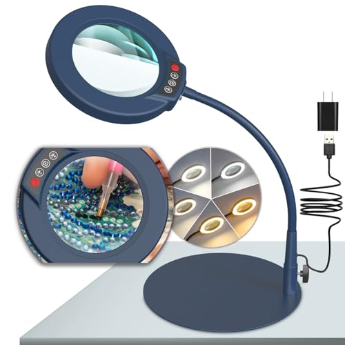 10X Magnifying Glass with Light and Stand, 5 Color Modes Stepless Dimmable LED Lighted Desk Lamp, Hands Free Flexible Gooseneck Magnifier with Light for Craft Hobby Painting Close Work - Blue - color: Blue, size: 10X-12.6in