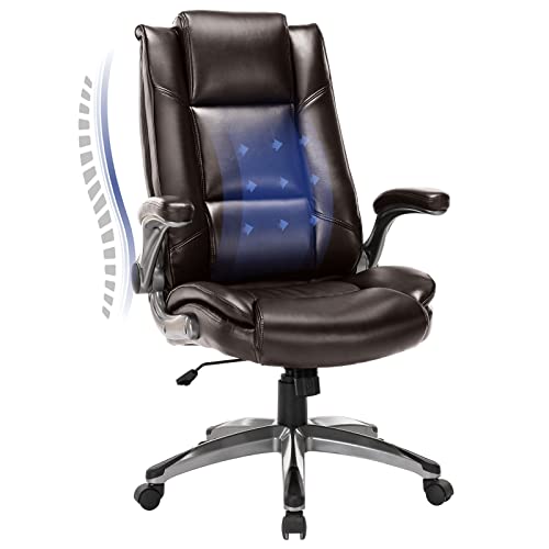 MALOL Leather Executive Office Chair - High Back Home Computer Desk Chair with Padded Flip-up Arms, Adjustable Tilt Lock, Swivel Rolling Ergonomic Chair for Adult Working Study, Brown - color: Brown
