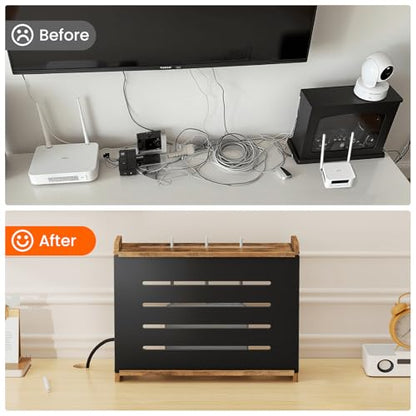 Wooden WiFi Router Box Hider, Wall Mount Router Shelf | Decorative Modem & Power Strip Storage Cabinet with Metal Frame, Internet Cable Management Organizer, Rustic Brown