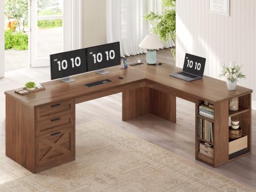 SEDETA 67" Farmhouse Executive L Shaped Desk with 3 Drawers - color: Brown, size: L Shaped Desk (67")