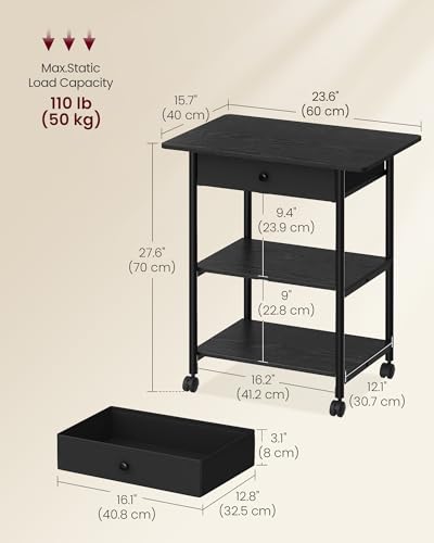 VASAGLE 3-Tier Printer Stand with Locking Wheels, Under Desk Printer Table - color: Ebony Black, size: 3 Tiers with Drawer