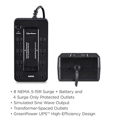CyberPower ST425 Standby UPS Battery Backup and Surge Protector | 425VA/260W, 8 Outlets, Compact, UL Certified - size: 425VA, style: Compact