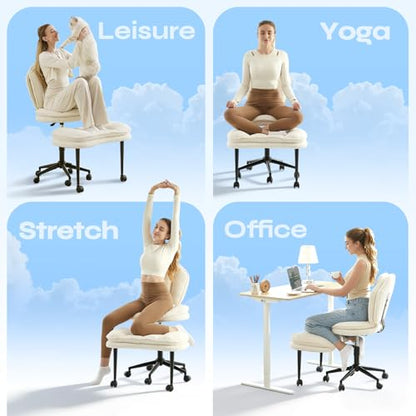 ADHD Cross Legged Office Chair, Swivel Kneeling Meditation Seat | 360° swivel cross-legged chair with reversible seat for ADHD & meditation; adjustable height/depth, plush teddy - color: Off White