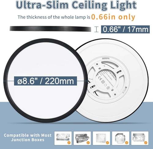 4 Pack 8.6 Inch LED Flush Mount Ceiling Light, ETL,18W, 1822LM, 3000K/3500K/4000K/5000K/6500K CCT Selectable, 0.66in Ultra Thin Round Flat Panel Ceiling Light Fixture for Bedroom, Kitchen(Black) - color: Black, size: 8.6"-4pack