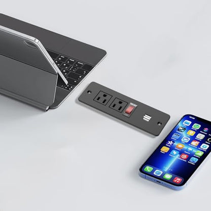 Recessed Power Strip with Switch Flush Mount Hidden Charging Station with USB Plug Multiple Surge Protector Outlet Extender with Extension Cord for Furniture Nightstand Bed Conference Table (Black)
