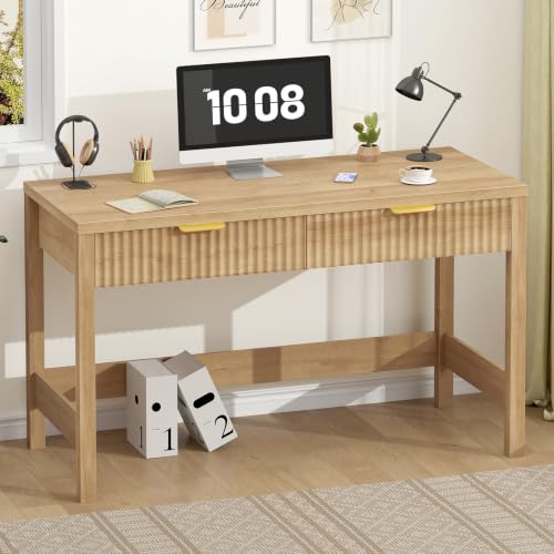 47 Inch Small Fluted Computer Desk with 2 Drawers for Bedroom, Home Office - color: Oak, size: 47 Inch Desk