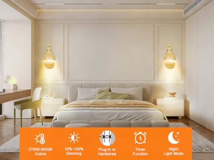 GOODATE 2 Pack Plug in Wall Sconces with Remote Control, Dimming, Adjustable Colors 2700K-6500K, Swing Arm Wall Lamps with Night Light & Timer, Plug-in or Hardwired, LED Bulbs Included, Oak Finish - size: Oak-2 PACK(Bulbs+Remote)