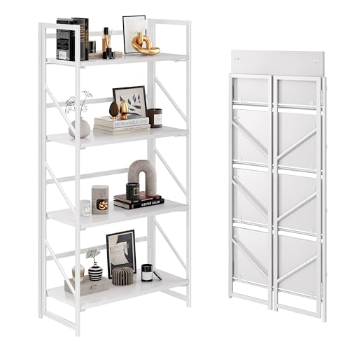 JSB No Assembly Folding Bookshelf, 4 Tier Industrial Metal Book Shelf for Storage, Vintage Wood Foldable Bookcase for Living Room, Bedroom, Office Organization Shelves - color: All White, size: Flat Tube 4-Tier
