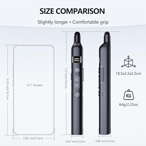 N21 Bluetooth Presentation Clicker for PowerPoint with Retractable Pointer | ①Laser Pointer②Telescopic touch pen③Countdown timer, vibration alert ④Customizable Button ⑤Rechargeable;battery level display - color: Black - Green Pointer