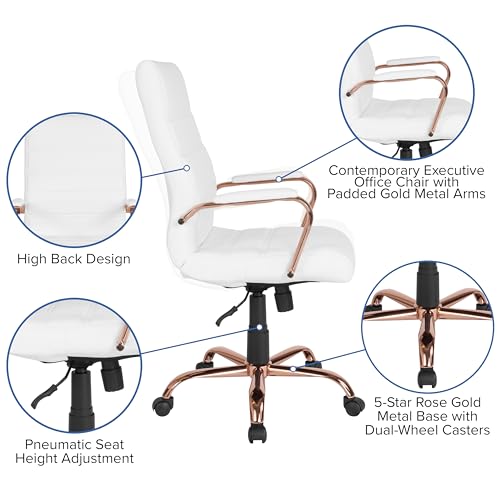 Flash Furniture LeatherSoft Executive Office Chair, White/Rose Gold | 360° Swivel, Height Adjustable, Commercial Grade - color: White Leathersoft/Rose Gold Frame