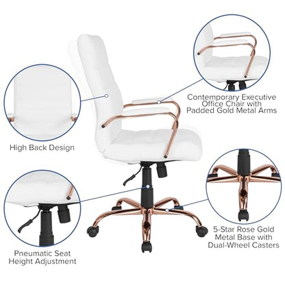 Flash Furniture LeatherSoft Executive Office Chair, White/Rose Gold | 360° Swivel, Height Adjustable, Commercial Grade - color: White Leathersoft/Rose Gold Frame