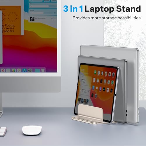 OMOTON 3-Slot Multiple Vertical Laptop Stand, Fits MacBook, Starlight | Adjustable Width 0-1.38", Aluminum Office Space-Saving for Desk, Fits MacBook/Book/iPad Up to 17.3in - color: Three Slots-Starlight