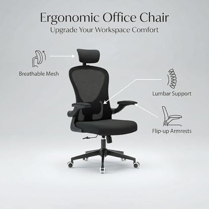 Ergonomic Office Desk Chair High Back Mesh Computer Chair | 360° Swivel Adjustable Lumbar Support & Flip-Up Armrests capacity 300 lbs capacity - color: 02blcak