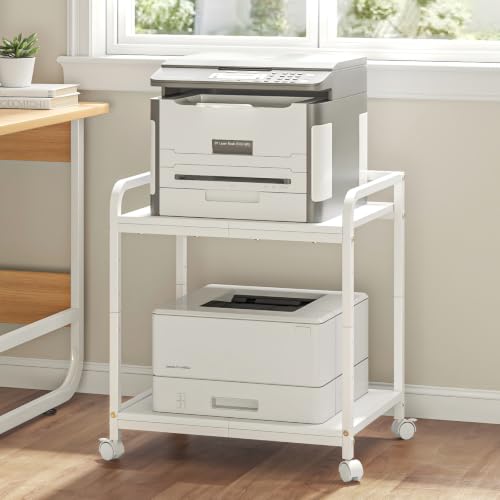 Under Desk Printer Stand with Wheels - 21"x15.8" Large Stand with Storage, 2-Tier Height Adjustable Printer Desk Cart, Heavy Duty Printers Riser for Home Office (White) - color: White, size: Standard