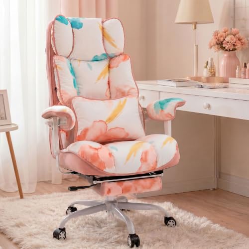 Efomao Watercolor Fabric Executive Office Chair Home Foot Rest, Pink | Soft Breathable Computer Desk Seat, Plush Comfy Cushion, Aesthetic Pastel Floral Patterns for Studio Vanity Cozy Setup - color: 3084 Watercolor Pink