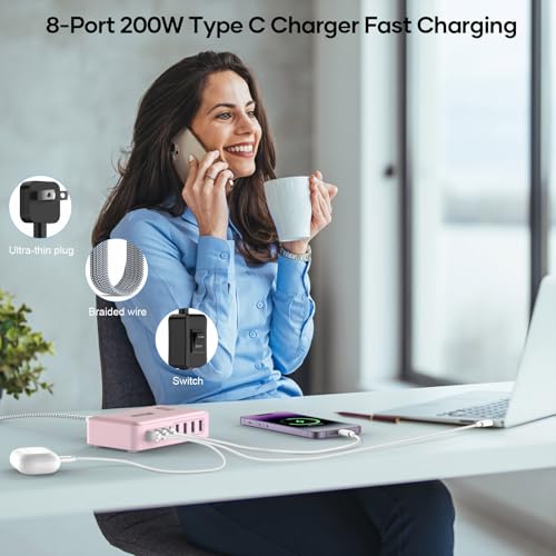8-Port USB C Fast Charger Block 200W with Flat Plug, Braided Power Cord, and On/Off Switch- USB Charging Hub for iPhone, iPad, MacBook and More- 65W C Port Power Adapter for Laptops - color: Flat Charger 200W PINK