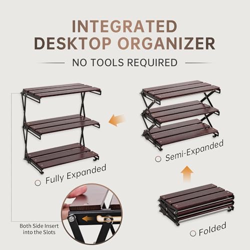Desk Shelf Organizer 3 Tiers Wood Compact Desk Organizer Storage Rack Metal Frame Office Desk Shelf Organizers,Walnut