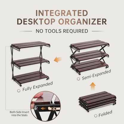 Desk Shelf Organizer 3 Tiers Wood Compact Desk Organizer Storage Rack Metal Frame Office Desk Shelf Organizers,Walnut