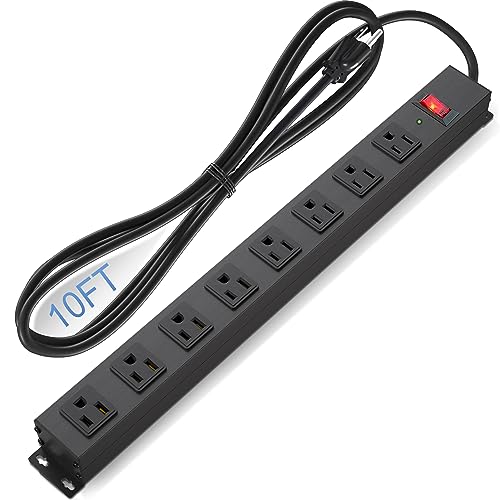 8 Outlet Power Strip Surge Protector, 10 Feet Long Cord Metal Power Strip Heavy Duty for Home Office School Shop Garage, Wall Mount with Screw, 2100J 15A 125V 1875W, 14AWG, Black - size: 10ft cord