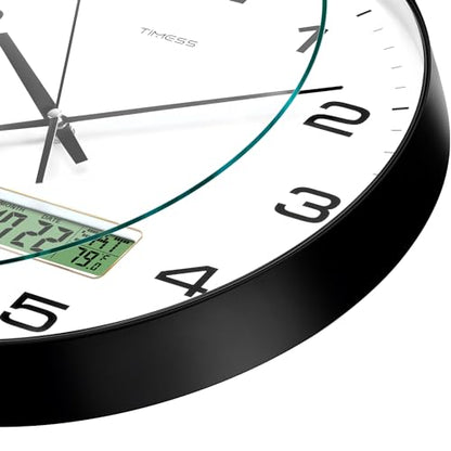 Wall Clock, 10" Dial Non-Ticking Silent Battery Operated Analog with LCD Display for Perpetual Calendar and F° Temperature, Ideal Modern Home, Bedroom, Kitchen, Office Decor (Black) | Perpetual calendar, Fahrenheit temperature, easy-to-read analog dial, b