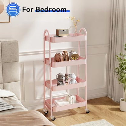 NEWBULIG 4-Tier Metal Rolling Storage Utility Cart with Lockable Wheels - color: Pink, size: 4 Tier